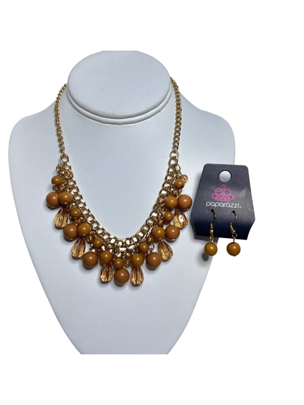 Paparazzi Gold Tone Beaded Bib Necklace And Pierced Earrings (6491)